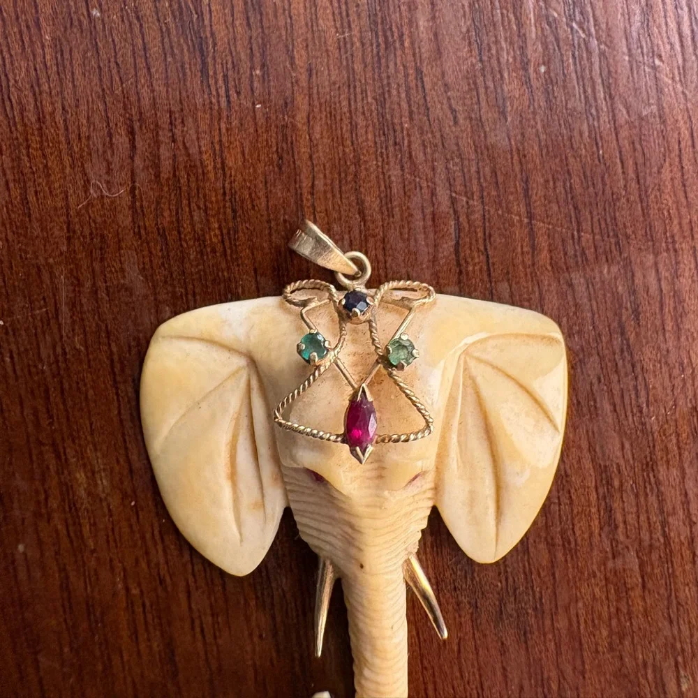 Contemporary Elephant Pendant w 14k Yellow Gold and Ruby/Sapphire/Emerald - Picture 2 of 6